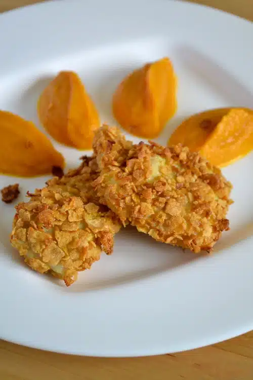 poisson snacké aux corn flakes et purée de carottes à l'orange
