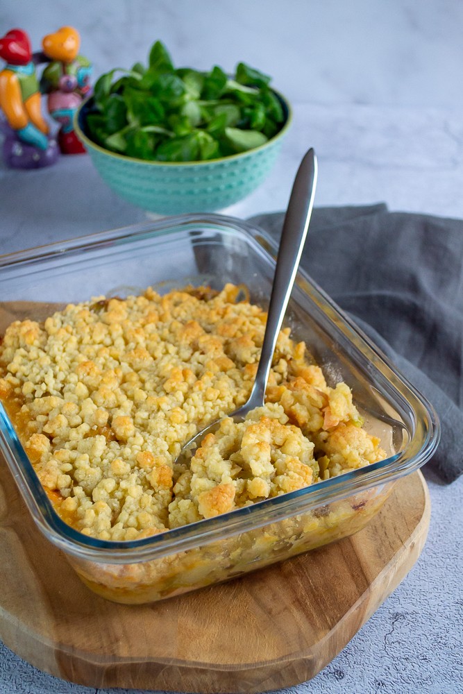 Crumble de poireaux à la truite fumée