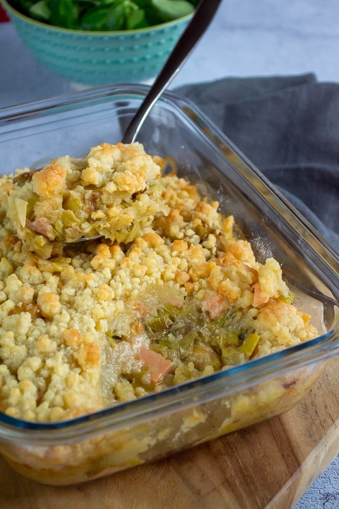 crumble de poireaux à la truite fumée